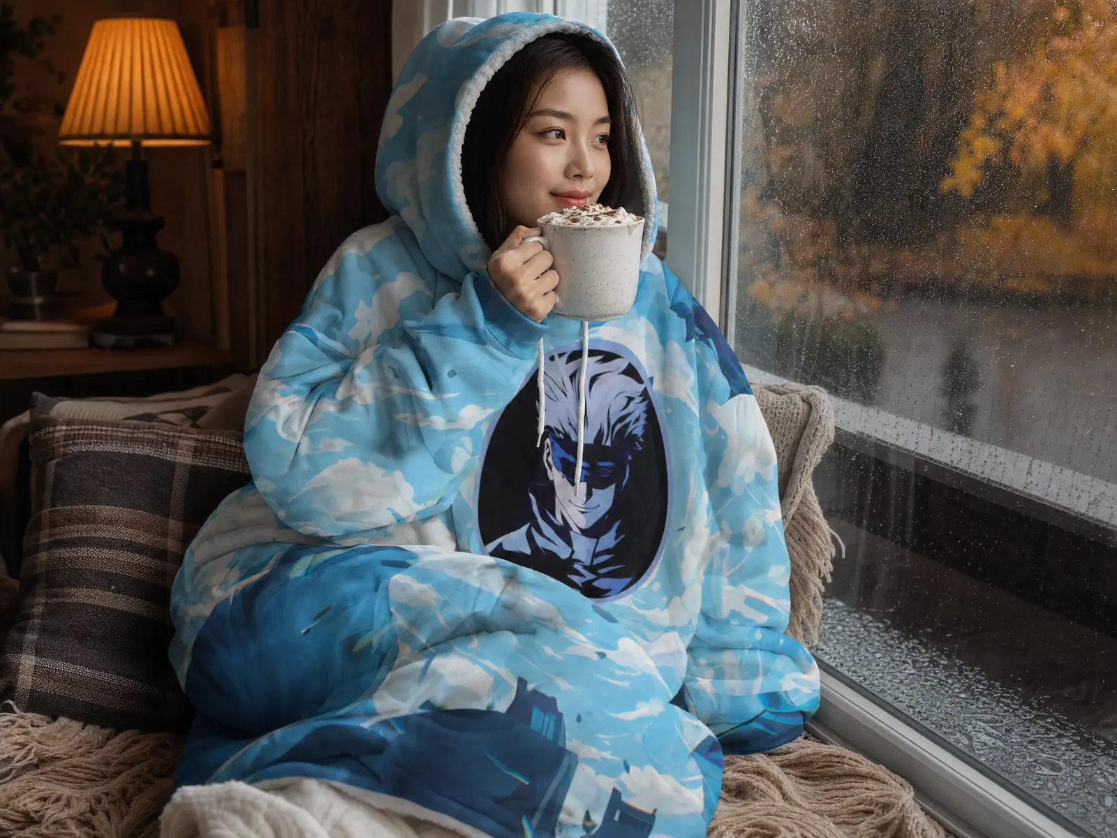 Woman by a rainy window with hot cocoa wearing the Gojo Jujutsu Kaisen oversized blanket hoodie