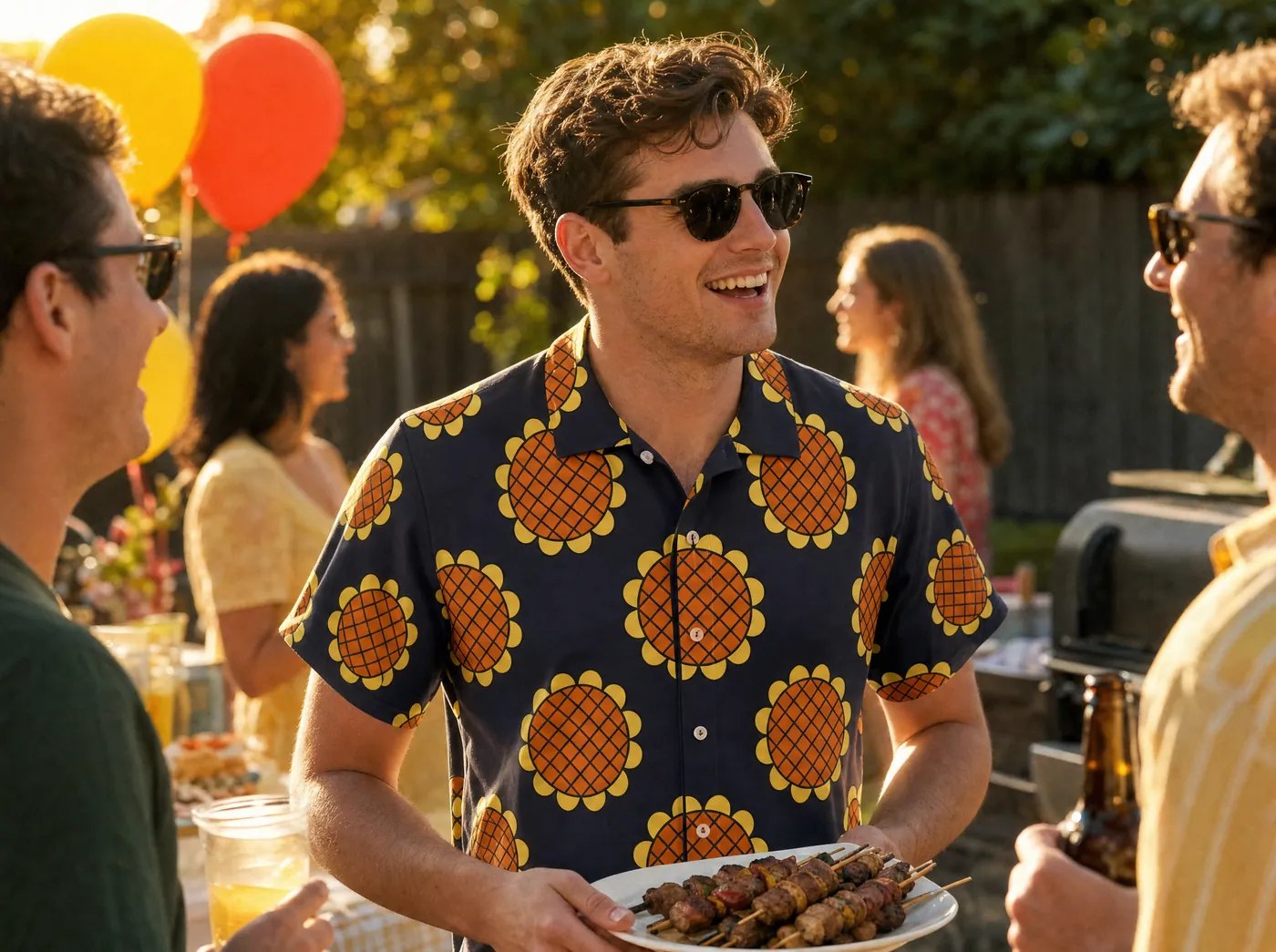 Man in a Luffy Dressrosa One Piece Hawaiian shirt at a backyard birthday barbecue