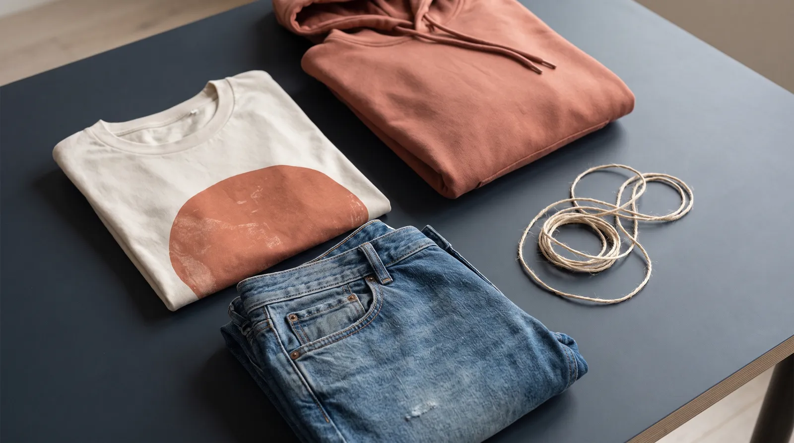 Luffy merch: a curated flat lay of a folded graphic tee, a hoodie and folded denim
