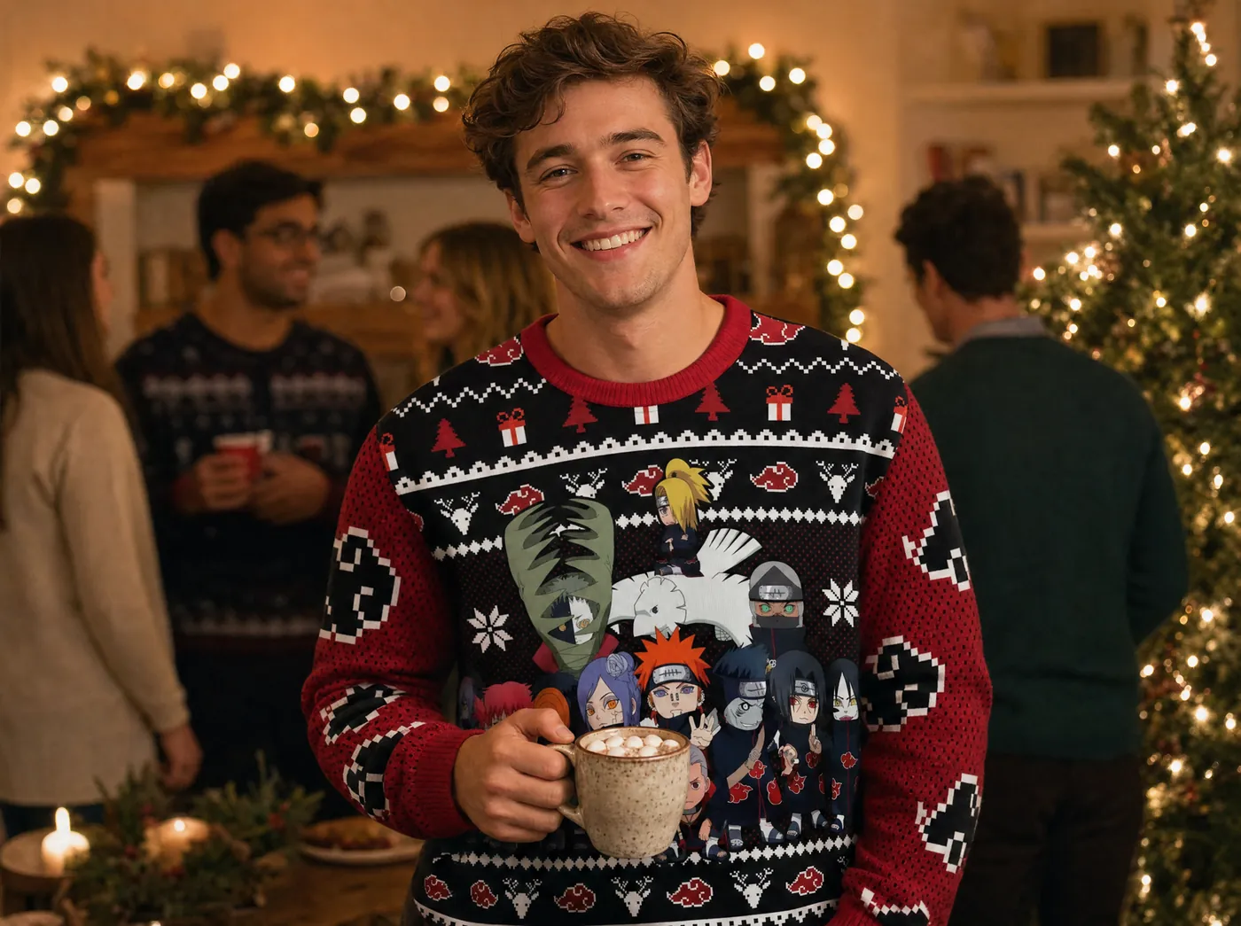 Man wearing a Chibi Akatsuki Naruto ugly Christmas sweater at a Friendsmas party