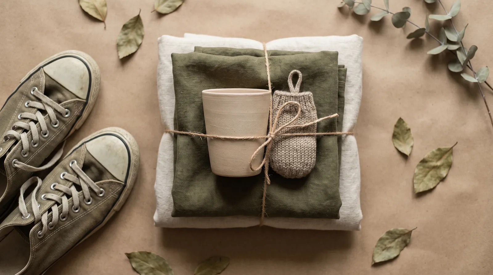 Naruto gifts: a gift arrangement of folded apparel, a tumbler and a small ornament tied with twine