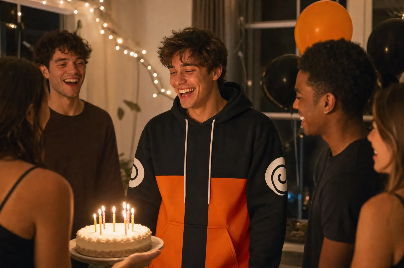Friends bringing a birthday cake to a fan wearing a Naruto Uzumaki Shippuden hoodie