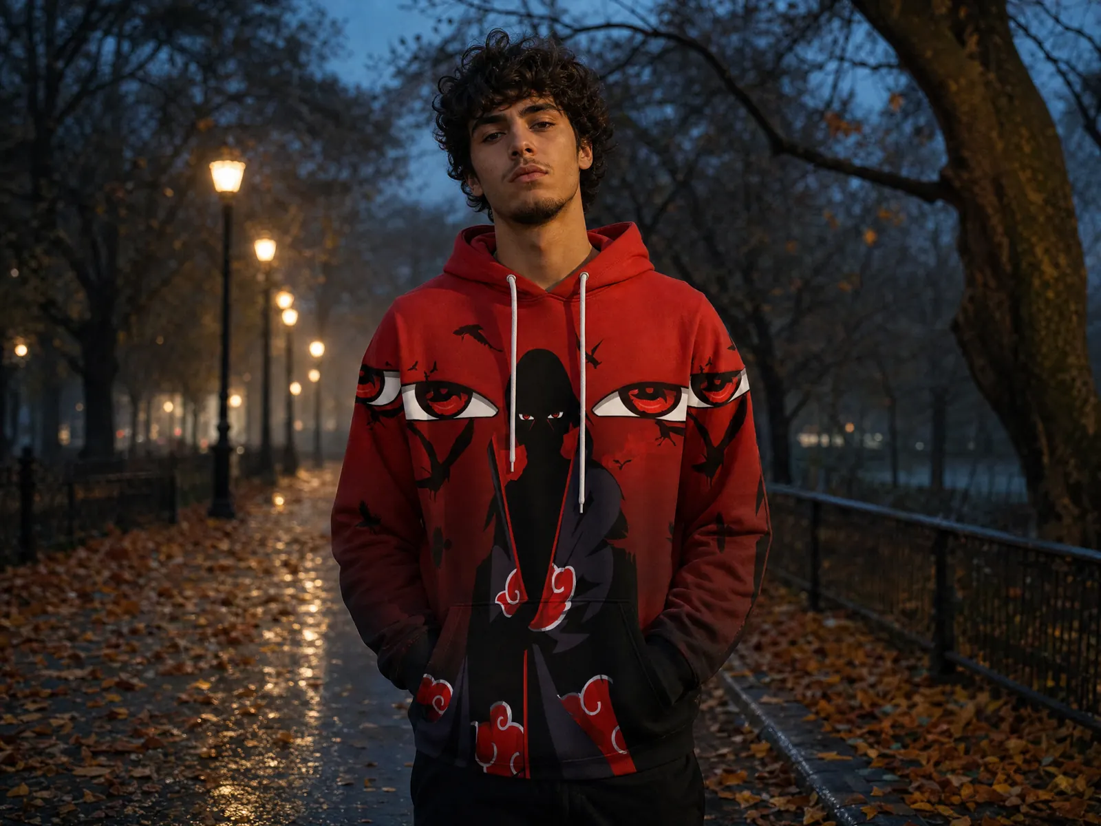 Man in a misty autumn park wearing the red Uchiha Itachi Akatsuki Naruto hoodie