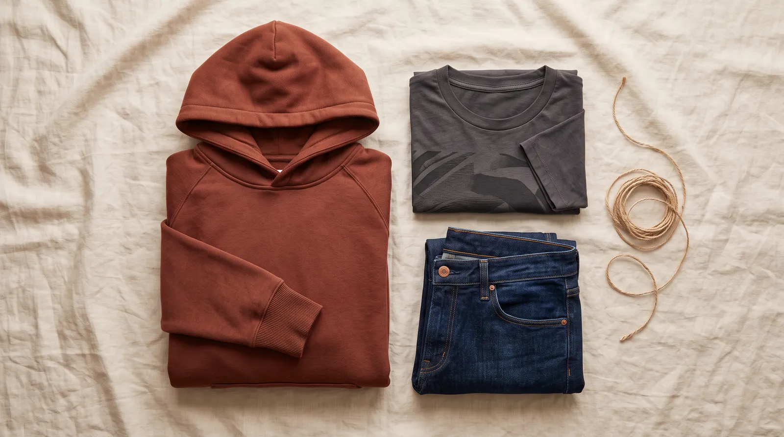 Naruto merch: a curated flat lay of a folded graphic tee, a hoodie and folded denim