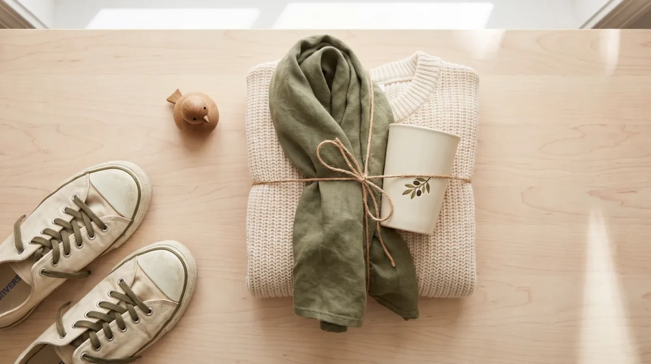 One piece gifts: a gift arrangement of folded apparel, a tumbler and a small ornament tied with twine