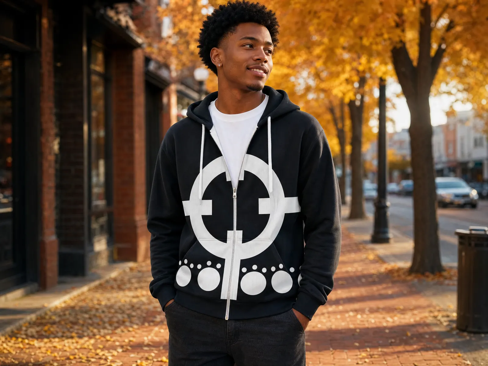 Man on an autumn city sidewalk wearing the Bartholomew Kuma One Piece zip-up hoodie
