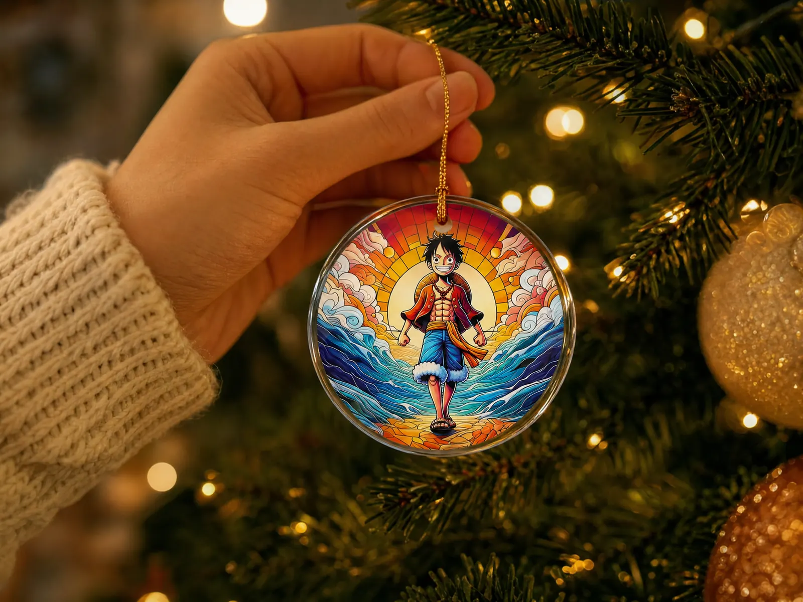 Monkey D. Luffy One Piece stained glass ornament hanging on a lit Christmas tree