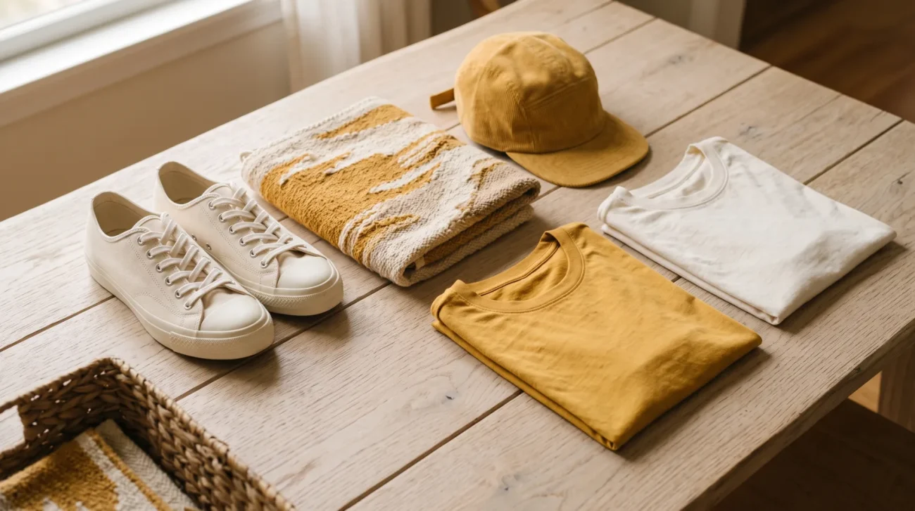 Pikachu collection: canvas sneakers, a folded wall tapestry, a five-panel cap and two cotton tees on a pale oak table