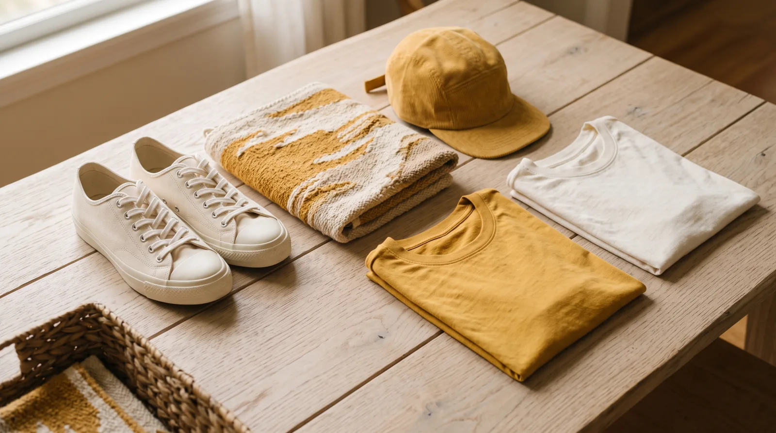 Pikachu collection: canvas sneakers, a folded wall tapestry, a five-panel cap and two cotton tees on a pale oak table