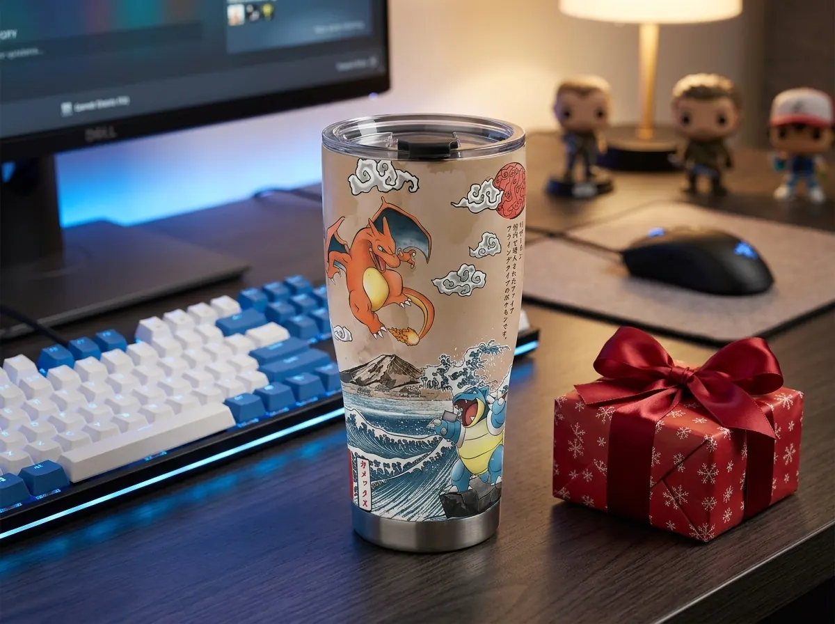 Charizard fights Blastoise Great Wave Pokemon tumbler on a gaming desk next to a Christmas gift