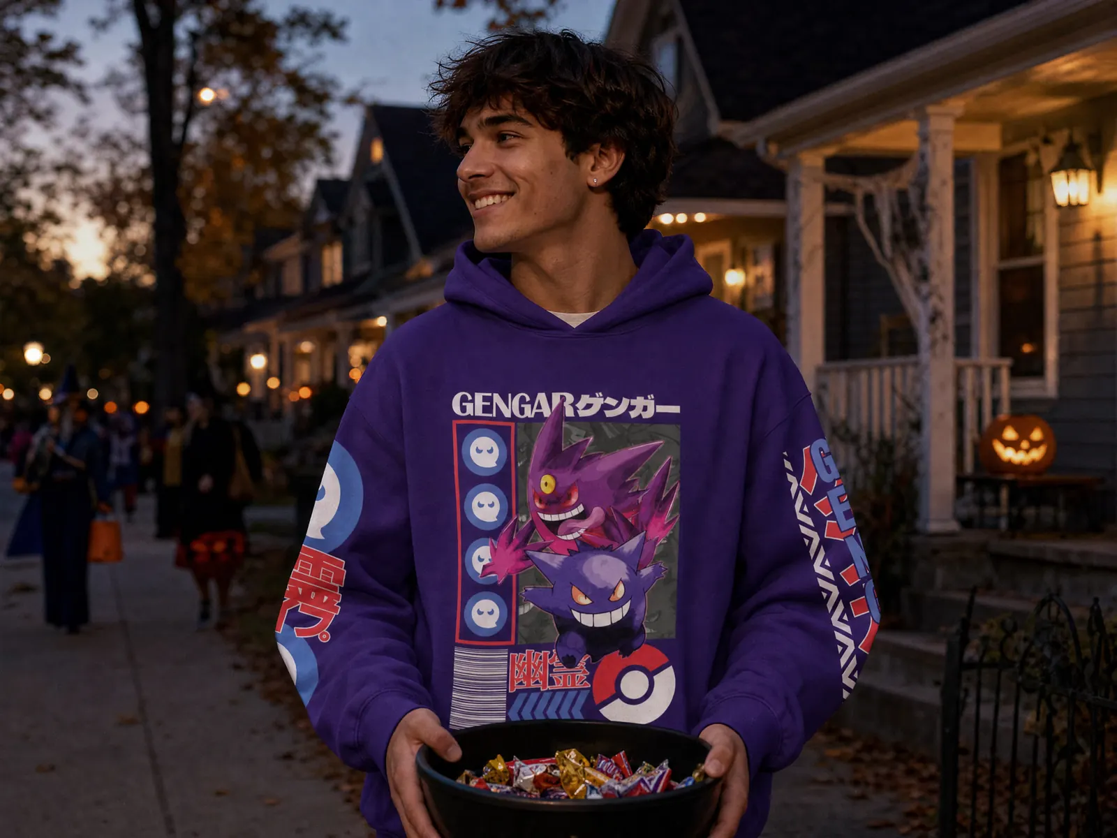 Man trick-or-treating on Halloween wearing the purple Gengar V3 Pokemon streetwear hoodie