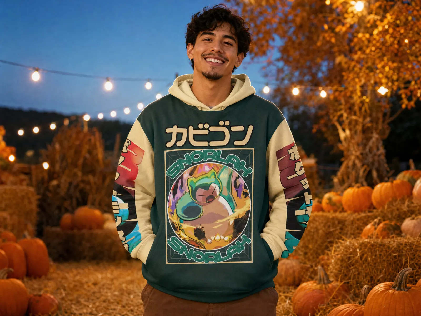 Smiling man at a pumpkin patch wearing the Snorlax Pokemon streetwear hoodie