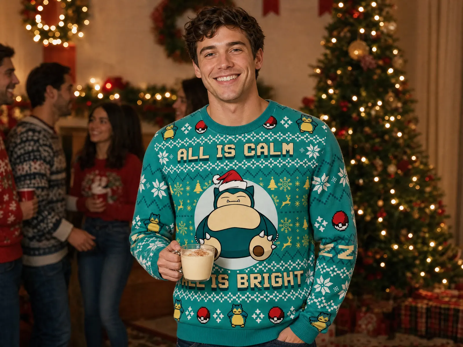 Man at an ugly sweater party wearing the All is Calm All is Bright Snorlax Pokemon ugly Christmas sweater