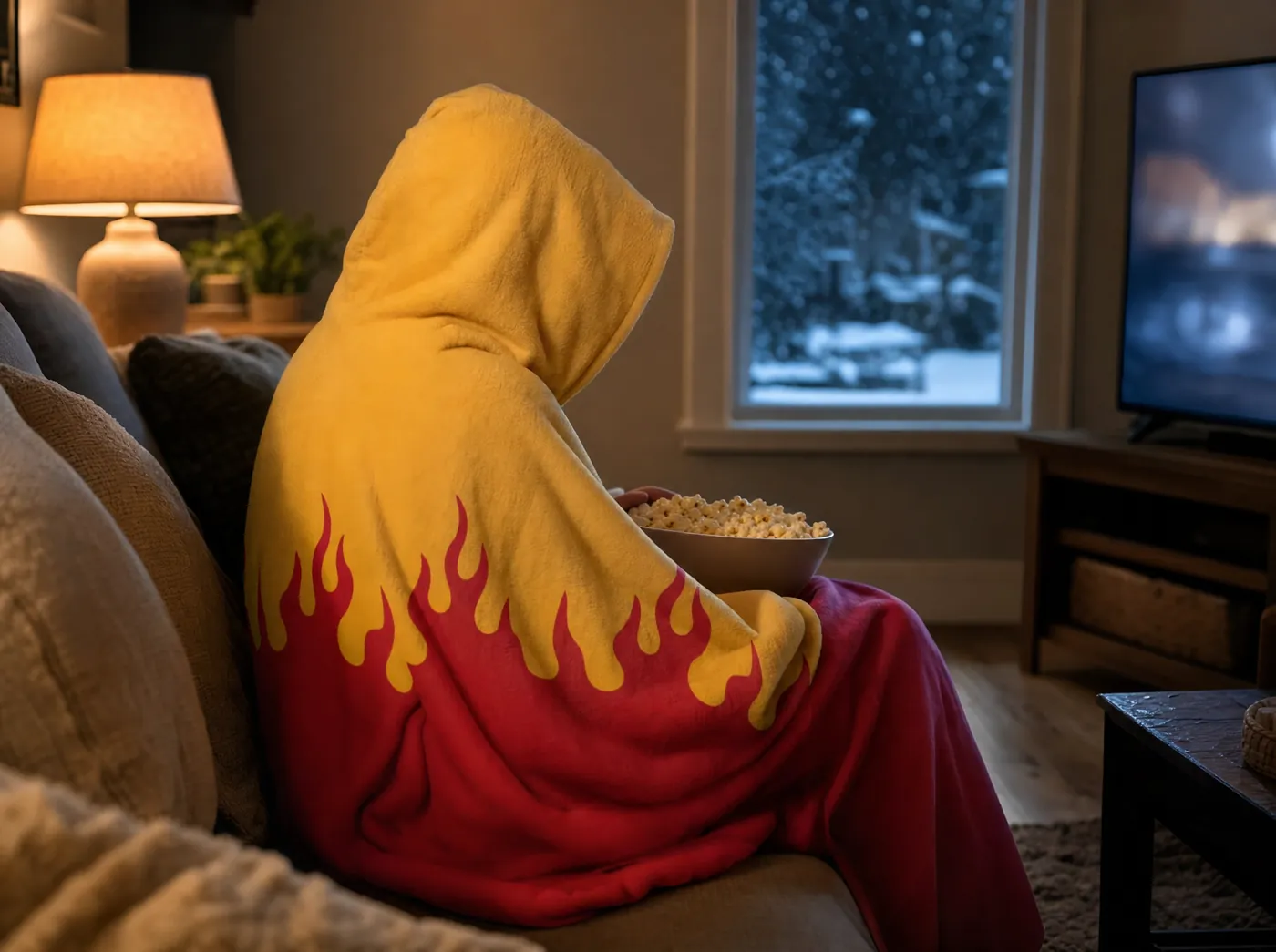 Person wrapped in a Rengoku Demon Slayer hooded blanket watching TV on a snowy night
