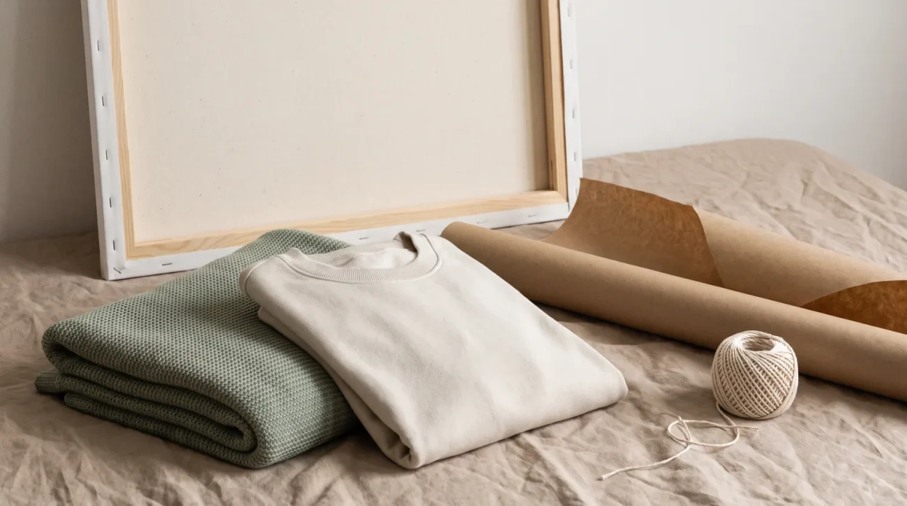 Studio Ghibli gifts: a framed canvas print, a knitted throw blanket and a folded crewneck sweatshirt on warm linen with kraft wrapping paper