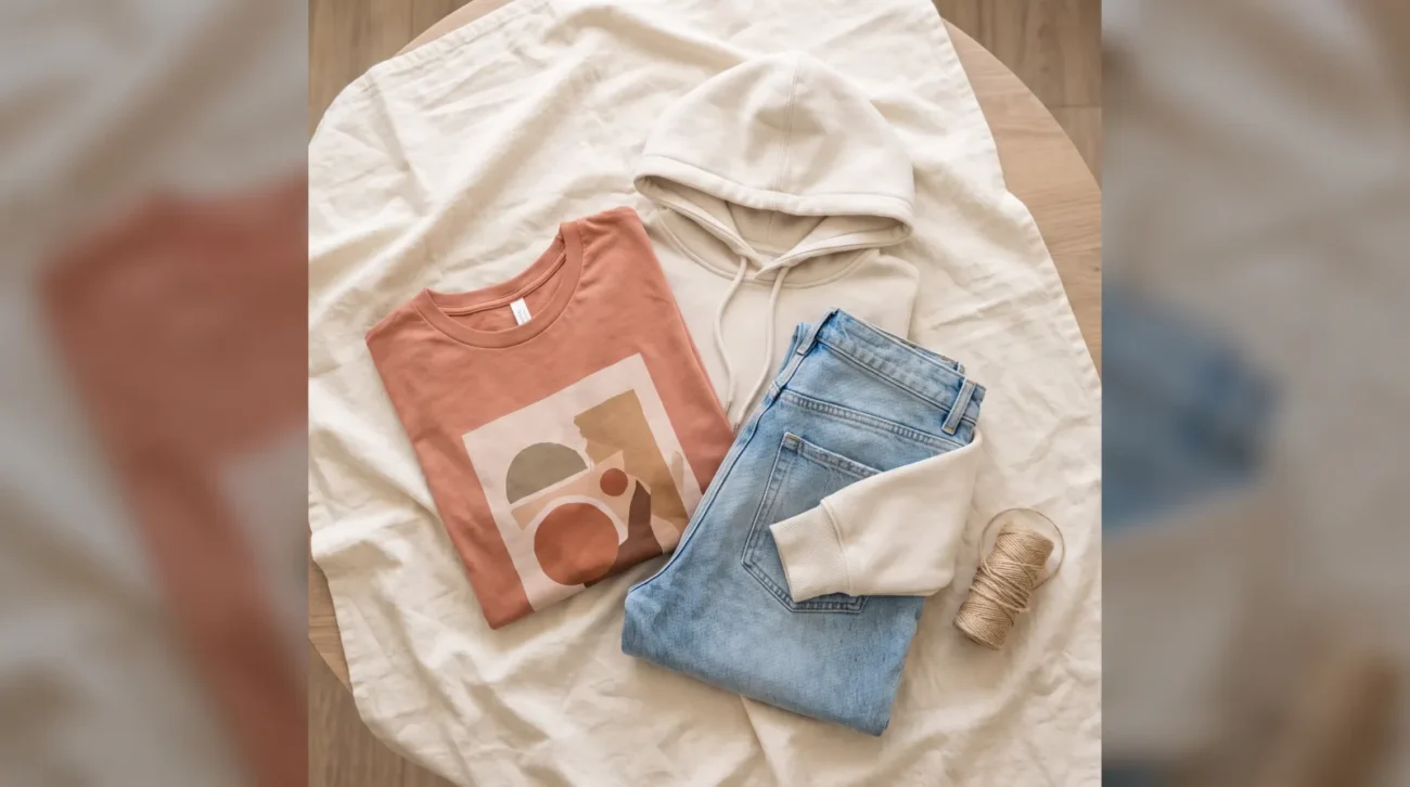 Tanjiro merch: a curated flat lay of a folded graphic tee, a hoodie and folded denim
