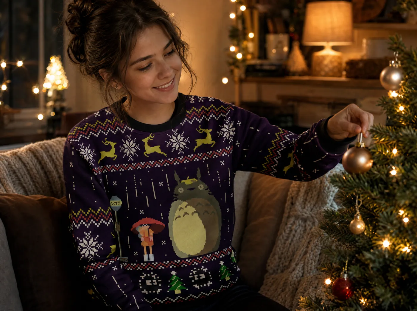 Woman in a Studio Ghibli Totoro Christmas sweater decorating a Christmas tree