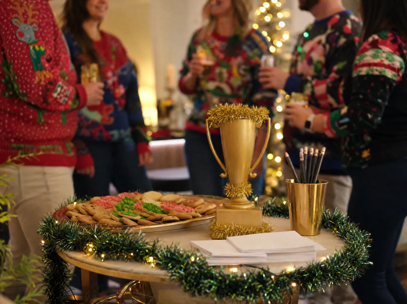 Ugly Christmas sweater contest table with a tinsel trophy, ballots and cookies