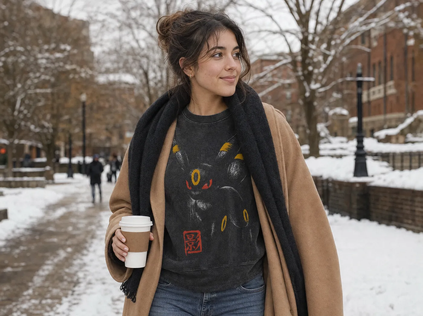 Woman in a vintage Pokémon Umbreon sweatshirt under a camel coat on a snowy campus