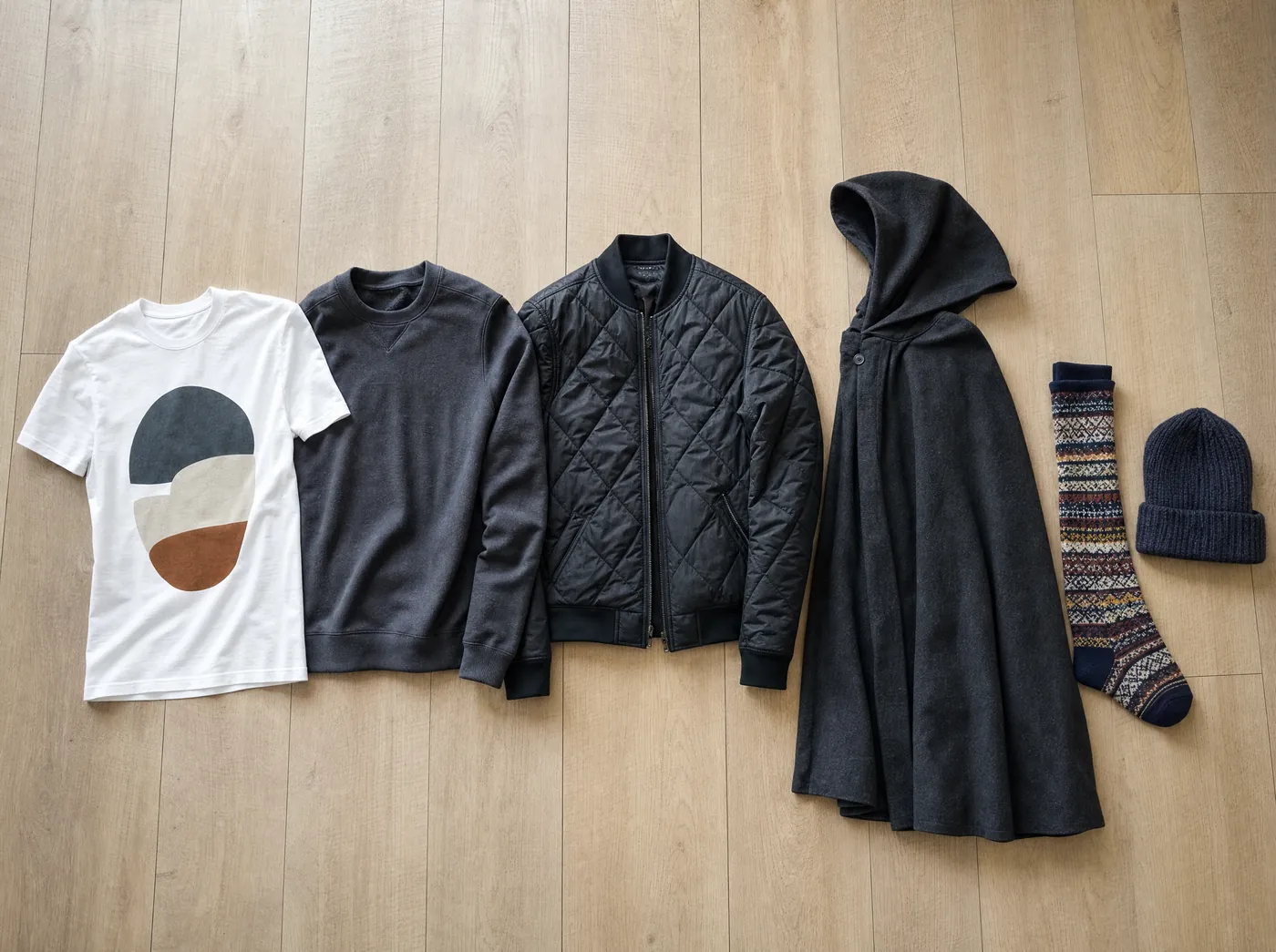 Winter layering flat lay: graphic tee, sweatshirt, quilted bomber, cloak, socks and beanie