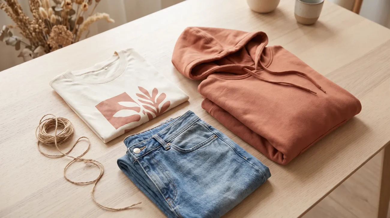 Zoro merch: a curated flat lay of a folded graphic tee, a hoodie and folded denim