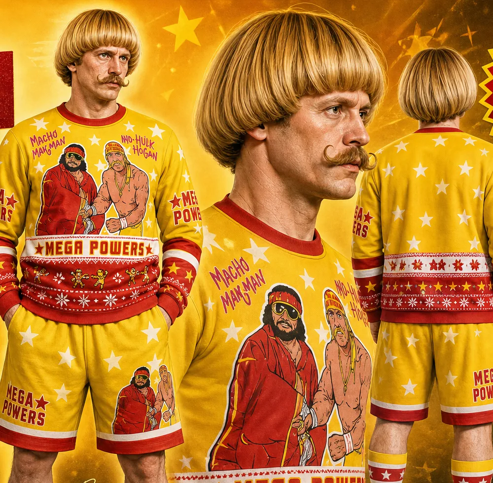 Fan wearing the Mega Powers Macho Man and Hulk Hogan ugly Christmas sweater with matching fight shorts